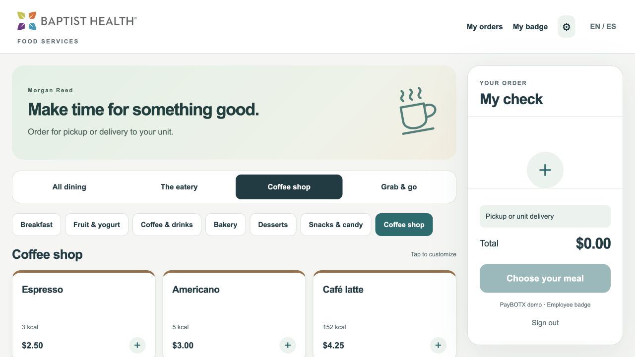 Actual Employee dining application screen captured from the hospital demonstration