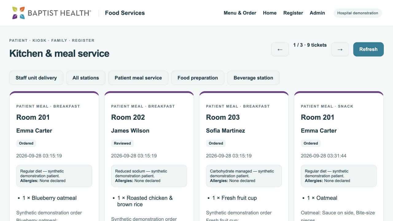 Actual Kitchen service application screen captured from the hospital demonstration