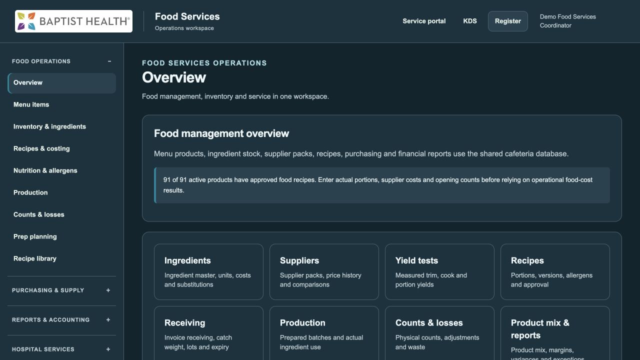 Actual Food management application screen captured from the hospital demonstration